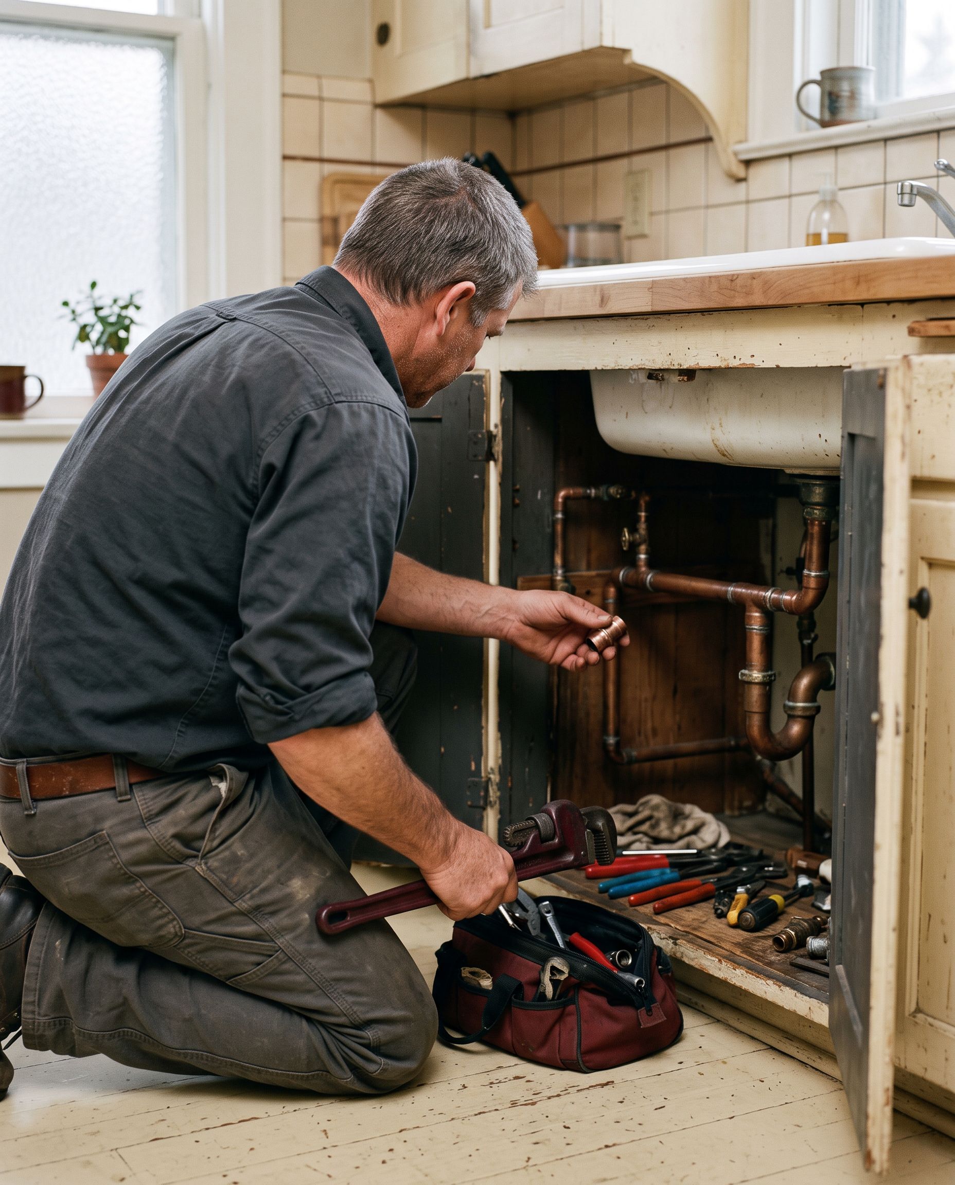 Experienced plumber working beneath a kitchen sink