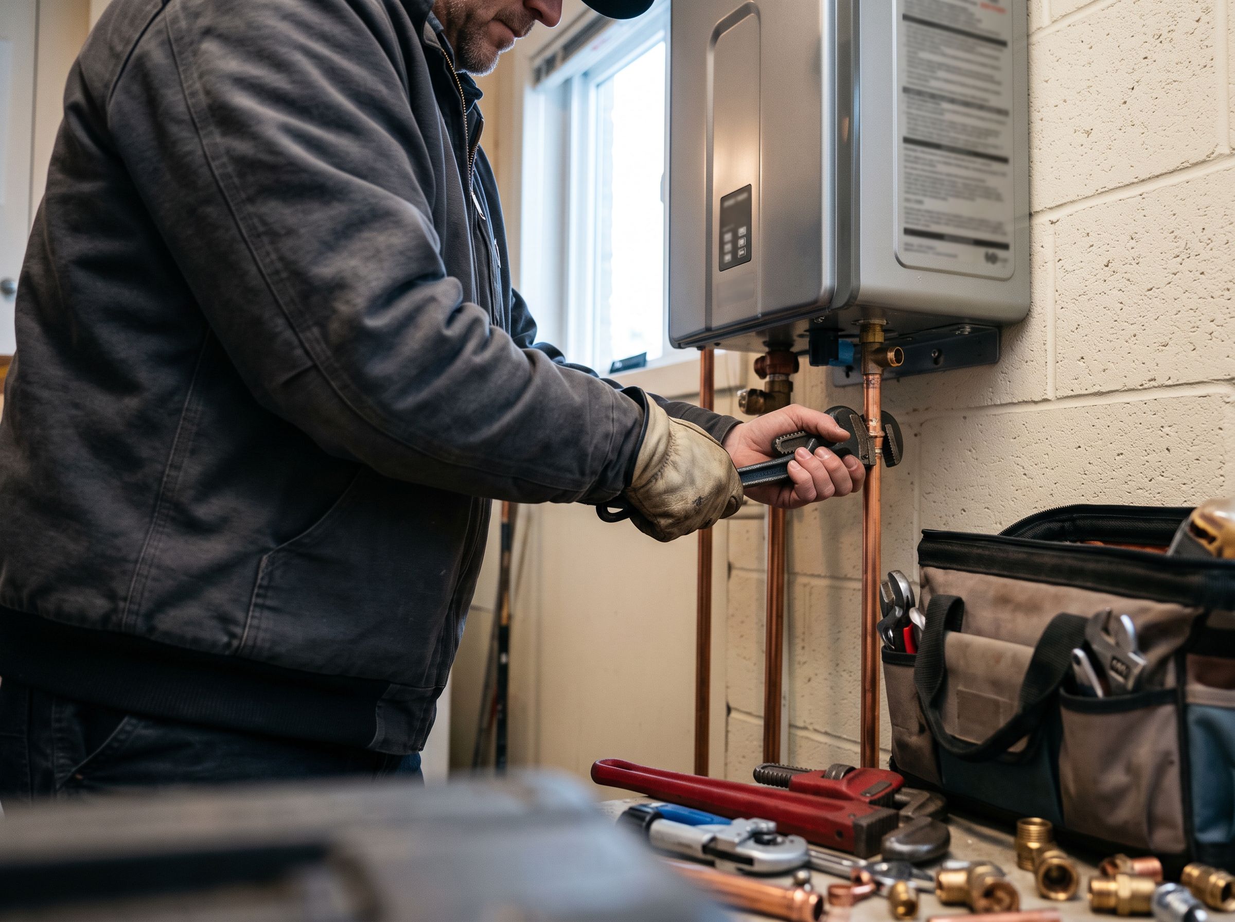 A plumber finishing a tankless water heater installation